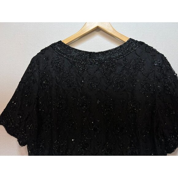 Candlelight & Champagne Women's Beaded Cocktail Evening Top Black Short Sleeve - Picture 10 of 12